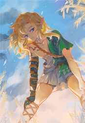 Rule 34 | 1boy, archaic set (zelda), arm tattoo, blonde hair, blue eyes, body markings, earrings, feet out of frame, gladiator sandals, green tunic, hair between eyes, jewelry, leaning forward, link, long hair, looking at viewer, male focus, nintendo, outdoors, parted bangs, pointy ears, rain rkgk, sandals, sidelocks, single bare shoulder, smile, solo, tattoo, the legend of zelda, the legend of zelda: tears of the kingdom, wavy hair