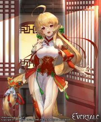 Rule 34 | 1girl, absurdres, ahoge, alternate costume, architecture, artist name, bare shoulders, blonde hair, blush, breasts, butterfly hair ornament, china dress, chinese clothes, detached sleeves, dress, east asian architecture, evertale, hair between eyes, hair bobbles, hair ornament, highres, indoors, juliet sleeves, large breasts, logo, long hair, long sleeves, looking at viewer, low-tied long hair, nail polish, official art, orange nails, pelvic curtain, puffy sleeves, red eyes, red thighhighs, rizette, scottie (phantom2), sidelocks, single thighhigh, smile, solo, thighhighs, thighs, very long hair, watermark