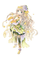 Rule 34 | 1girl, :d, blue eyes, blush, boots, breasts, brown hair, cleavage, commentary request, copyright request, detached sleeves, dress, flower, full body, green dress, green thighhighs, hair flower, hair ornament, hands up, high heel boots, high heels, highres, kikka (kicca choco), long hair, long sleeves, looking at viewer, medium breasts, open mouth, petals, purple flower, see-through, simple background, smile, solo, standing, thighhighs, very long hair, white background, white footwear, wide sleeves, yellow flower