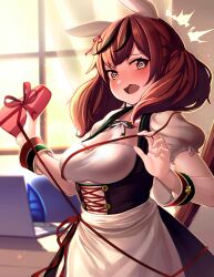 Rule 34 | 1girl, @ @, absurdres, alternate costume, animal ears, blush, bodice, box, breasts, cleavage, commentary request, dirndl, dress, ear covers, german clothes, heart-shaped box, highres, horse ears, horse girl, hoshikuzu kizuna (kizuna stardust), jacket, large breasts, long hair, looking at viewer, nice nature (umamusume), open clothes, open jacket, open mouth, puffy short sleeves, puffy sleeves, red ribbon, ribbon, short sleeves, solo, surprised, twintails, umamusume, valentine, wrist cuffs, yellow eyes