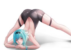 Rule 34 | 1girl, absurdres, arched back, ass, bare shoulders, blue hair, breast press, breasts, closed mouth, cropped legs, eula (genshin impact), flexible, genshin impact, hair between eyes, hairband, highres, jack-o&#039; challenge, large breasts, leotard, looking at viewer, raised eyebrows, shadow, simple background, solo, spread legs, thigh strap, thighs, top-down bottom-up, topless, turbulence, white background