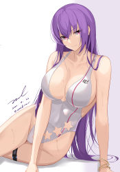 Rule 34 | 1girl, arm support, bare arms, bare shoulders, breasts, cleavage, collarbone, dated, girls&#039; frontline, groin, large breasts, long hair, looking at viewer, official alternate costume, one-piece swimsuit, pink eyes, purple hair, sidelocks, signature, simple background, sitting, smile, solo, star cutout, swimsuit, thigh strap, thighs, unel, v-shaped eyebrows, very long hair, wet, white background, white one-piece swimsuit, yokozuwari, zb-26 (girls&#039; frontline), zb-26 (nook of ephemeral dreams) (girls&#039; frontline)