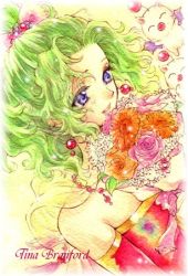 Rule 34 | 1990s (style), 1girl, bare shoulders, blue eyes, bouquet, cape, detached sleeves, earrings, female focus, final fantasy, final fantasy vi, flower, green hair, jewelry, long hair, lowres, mochineko, moogle, ponytail, solo, tina branford