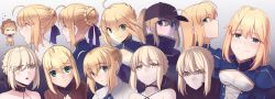 Rule 34 | = =, absurdres, ahoge, animal costume, armor, artoria pendragon (all), artoria pendragon (fate), baseball cap, black choker, blonde hair, blue dress, blush, boa (brianoa), braid, braided bun, breasts, brown sweater, chibi, choker, cleavage cutout, closed mouth, clothing cutout, dark persona, dress, expressions, eyes visible through hair, fate/grand order, fate/stay night, fate/tiger colosseum, fate (series), gradient background, green eyes, grey background, grey headwear, hair bun, hair ribbon, happy, hat, highres, lion costume, long hair, looking at viewer, multiple persona, mysterious heroine x (fate), open mouth, parted lips, profile, purple ribbon, ribbon, saber (fate), saber alter, sidelocks, small breasts, smile, sweater, turtleneck, wide-eyed, yellow eyes
