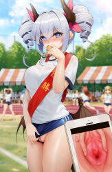 Rule 34 | 6+girls, absurdres, black horns, black tail, black wings, blue buruma, blue eyes, blurry, blurry background, blush, breasts, buruma, buruma aside, cellphone, censored, cleft of venus, clothing aside, cloud, cloudy sky, commentary request, confetti, covered mouth, cowboy shot, crossed bangs, day, demon girl, demon horns, demon tail, drill hair, fingernails, grass, grey hair, gym shirt, gym uniform, hair between eyes, heart, heart-shaped pupils, highres, holding, horns, large breasts, looking at viewer, low wings, medal, mosaic censoring, multiple girls, niliu chahui, no panties, original, outdoors, paid reward available, phone, pussy, running track, sash, shione (niliu chahui), shirt, short sleeves, shoulder sash, sidelocks, sky, smartphone, solo focus, sports festival, spread pussy, sweat, symbol-shaped pupils, tail, tree, white shirt, wings