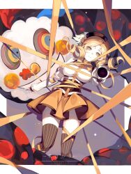 Rule 34 | 1girl, absurdres, aiming, aiming at viewer, beret, black hat, blonde hair, border, bound, brown thighhighs, charlotte (madoka magica), chinese commentary, commentary request, corset, curly hair, dated, drill hair, entangled, feet out of frame, grin, gun, hat, highres, holding, holding gun, holding weapon, juliet sleeves, long sleeves, looking at viewer, magical girl, mahou shoujo madoka magica, mahou shoujo madoka magica (anime), medium hair, neck ribbon, orange skirt, outside border, outstretched arm, puffy sleeves, purple background, ribbon, shirt, skirt, smile, solo, standing, striped clothes, striped thighhighs, thighhighs, tied up (nonsexual), tomoe mami, twin drills, weapon, white border, white shirt, witch (madoka magica), yellow eyes, yellow ribbon, yimu445448