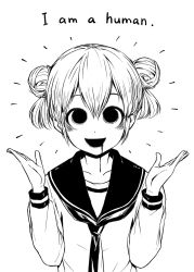 Rule 34 | 1girl, 4shi, blood, blood on face, commentary request, dango-chan (4shi), double bun, english text, greyscale, hair between eyes, hair bun, hands up, highres, hollow eyes, long sleeves, looking at viewer, monochrome, necktie, open mouth, original, school uniform, serafuku, short hair, simple background, solo, upper body, white background