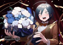 Rule 34 | 1boy, :d, ahoge, artist name, black hair, blush, bouquet, bow, bowtie, brown eyes, brown jacket, brown vest, collared shirt, curtains, danganronpa (series), danganronpa 10th anniversary costume, danganronpa v3: killing harmony, dated, flower, happy birthday, highres, holding, holding bouquet, jacket, long sleeves, mokemokeeeee, open clothes, open jacket, open mouth, red bow, red bowtie, ribbon, saihara shuichi, shirt, short hair, smile, solo, teeth, tongue, vest, white shirt