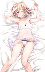 Rule 34 | 10s, 1girl, 2016, armpits, ayano naoto, bare shoulders, bed sheet, black eyes, blonde hair, blush, body blush, cameltoe, camisole, dated, eyebrows, flat chest, frilled panties, frilled pillow, frills, girls und panzer, highres, katyusha (girls und panzer), looking at viewer, lying, navel, off shoulder, on back, one eye closed, panties, parted lips, pillow, see-through, shiny skin, short hair, signature, sleeveless, solo, strap slip, underwear, white panties, white theme
