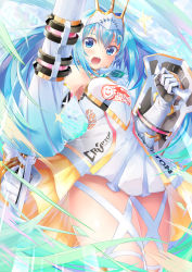 Rule 34 | 1girl, blue eyes, blue hair, daidou (demitasse), dress, elbow gloves, gloves, goodsmile company, goodsmile racing, green hair, hatsune miku, highres, lance, long hair, looking at viewer, open mouth, polearm, racing miku, shield, solo, twintails, very long hair, vocaloid, weapon