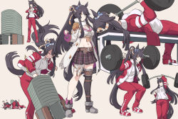 Rule 34 | 1girl, animal ears, bandaid, bandaid on face, bandaid on nose, barbell, black hair, black skirt, black thighhighs, closed eyes, closed mouth, exercising, fingerless gloves, gloves, gym shirt, holding, horse ears, horse girl, horse tail, jacket, jersey, long hair, long sleeves, multiple views, narita brian (umamusume), navel, open clothes, open jacket, pants, pink gloves, pleated skirt, ponytail, red pants, shirt, shiseki hirame, single thighhigh, skirt, tail, thighhighs, track jacket, track suit, umamusume, white jacket, white shirt, yellow eyes