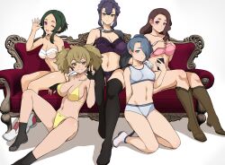Rule 34 | 5girls, bare shoulders, black footwear, black gloves, boots, bra, breasts, brown hair, cleavage, closed mouth, collarbone, couch, crossed bangs, fingerless gloves, gloves, green hair, grin, gundam, gundam suisei no majo, hand on another&#039;s shoulder, hand up, haruhisky, henao jazz, high heel boots, high heels, highres, holding, ireesha plato, knee boots, knees up, large breasts, light brown hair, light frown, maisie may, multiple girls, navel, on couch, one eye closed, panties, pink bra, pink eyes, pink panties, purple bra, purple panties, renee costa, sabina fardin, short hair with long locks, sitting, smile, sports bra, strap gap, strapless, strapless bra, thighs, twintails, underwear, w, white bra, white footwear, white gloves, yellow panties