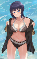 Rule 34 | 1girl, absurdres, asaka karin, bikini, black hair, black jacket, blue eyes, breasts, brown bikini, cleavage, cowboy shot, grin, highres, jacket, large breasts, looking at viewer, love live!, love live! nijigasaki high school idol club, mmpy7485, open clothes, open jacket, parted lips, short hair, smile, solo, standing, swimsuit, water, wet, wet clothes