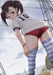 Rule 34 | 1girl, ass, brown eyes, brown hair, buruma, from behind, gym uniform, hissatsukun, looking back, original, smile, solo, striped clothes, striped thighhighs, thighhighs
