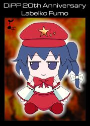 Rule 34 | blue hair, bow, bowtie, cabbie hat, closed mouth, commentary, detached sleeves, english commentary, english text, flat cap, full body, fumo (doll), hat, japanese clothes, jitome, label girl (dipp), long hair, long sleeves, looking at viewer, miko, no humans, purple eyes, red bow, red bowtie, red hat, red skirt, side ponytail, sitting, skirt, smile, solo, touhou, tremolomeasure, vest, white sleeves, white vest, wide sleeves