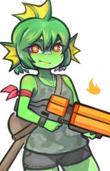 Rule 34 | 1girl, blush, closed mouth, collarbone, colored skin, dog tags, eyebrows, fish, green hair, green skin, gun, holding, holding gun, holding weapon, looking at viewer, nuclear throne, red eyes, short hair, smile, solo, wahae, weapon