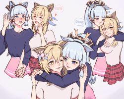 Rule 34 | 2girls, :o, alternate costume, animal ears, arm around shoulder, arms around neck, artist name, ayaka (genshin impact), beige shirt, blonde hair, blue eyes, blunt bangs, blush, breasts, cat ears, closed eyes, commentary, couple, facing viewer, fake animal ears, finger on nose, flower, genshin impact, hair between eyes, hair flower, hair ornament, hair ribbon, hand on another&#039;s hand, hand on another&#039;s shoulder, hand up, heart, highres, holding hands, hug, long hair, looking at viewer, lumine (genshin impact), medium breasts, medium hair, mole, mole under eye, multiple girls, multiple views, one eye closed, oofxyphxia, open mouth, plaid, plaid skirt, pleated skirt, ponytail, purple shirt, ribbon, shirt, short sleeves, sidelocks, simple background, skirt, smile, speech bubble, standing, thought bubble, twitter username, white background, yellow eyes, yuri