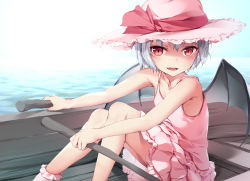 Rule 34 | 1girl, bare arms, bat wings, blue hair, boat, bow, chen bin, chinese text, commentary request, day, dress, fang, hat, hat bow, holding, looking at viewer, outdoors, pink dress, pink hat, pink socks, red bow, red eyes, remilia scarlet, rowboat, rowing, short hair, sitting, sleeveless, sleeveless dress, smile, socks, solo, touhou, water, watercraft, wings