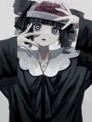 Rule 34 | 1girl, arms up, black hair, black ribbon, black shirt, blunt bangs, brain, collarbone, dome, drill hair, empty eyes, exposed brain, grey background, hair ribbon, hands on own head, head tilt, highres, light frown, long sleeves, looking at viewer, medium hair, neck ribbon, ninomae (nnme 618), open mouth, original, pale skin, ribbon, ringed eyes, shirt, simple background, solo, twin drills, upper body, white eyes, wide-eyed, wide sleeves