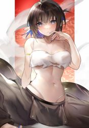 Rule 34 | 1girl, absurdres, arknights, arm strap, bandeau, bare arms, bare shoulders, black hair, black pants, blue eyes, blue hair, blue nails, blush, breasts, camisole, chinese commentary, colored inner hair, commentary request, eunectes (arknights), eunectes (forgemaster) (arknights), hand up, highleg, highleg panties, highres, large breasts, looking at viewer, midriff, multicolored hair, nail polish, navel, panties, pants, pointy ears, short hair, snake tail, solo, spaghetti strap, stomach, tabayashi, tail, toenail polish, toenails, underwear