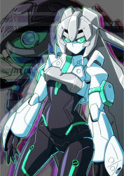 Rule 34 | 1girl, blue eyes, glowing, glowing eye, green eyes, gundam, gundam build divers, gundam build divers re:rise, highres, ibuki sakura (sgw v07), leaning to the side, looking at viewer, may (gundam build divers re:rise), mecha, mobile doll may, no humans, no mouth, one-eyed, open hand, robot, science fiction, wodom pod