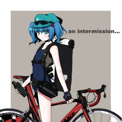 Rule 34 | 1girl, bag, bicycle, blue hair, female focus, hat, kawashiro nitori, one-piece swimsuit, road bicycle, school swimsuit, short hair, solo, swimsuit, tama (pixiv), tama (speedgrapher), touhou, two side up