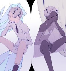 Rule 34 | 2others, alternate costume, androgynous, black eyes, black skin, bra, cairngorm (houseki no kuni), colored skin, curtains, dark persona, dual persona, frown, gem uniform (houseki no kuni), gloves, grey eyes, grey hair, hakokoto, head rest, houseki no kuni, looking at another, multiple others, necktie, see-through, short hair, sitting, smile, spoilers, underwear