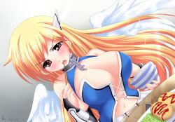 Rule 34 | 1girl, angel wings, artist request, astraea (sora no otoshimono), blonde hair, breasts, cleavage, eating, red eyes, solo, sora no otoshimono, wings
