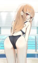 Rule 34 | 1girl, absurdres, ass, bare arms, bare shoulders, black-framed eyewear, black one-piece swimsuit, blush, brown hair, commentary, commission, from behind, glasses, highres, leaning forward, long hair, looking at viewer, looking back, one-piece swimsuit, original, pool, poolside, red eyes, round eyewear, solo, sweat, swimsuit, syhan, very long hair