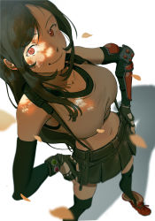 Rule 34 | 1girl, absurdres, asymmetrical bangs, bare shoulders, black bra, black gloves, black hair, black skirt, black thighhighs, bra, breasts, crop top, elbow gloves, elbow pads, etaa89, falling petals, final fantasy, final fantasy vii, final fantasy vii remake, fingerless gloves, foot out of frame, from above, gloves, hands on own hips, highres, large breasts, long hair, looking at viewer, materia, midriff, miniskirt, navel, petals, pleated skirt, red eyes, red footwear, shirt, skirt, sleeveless, sleeveless shirt, smile, solo, sports bra, suspenders, thighhighs, tifa lockhart, underwear, white background, white shirt