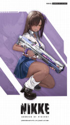 Rule 34 | 1girl, black footwear, blue necktie, blue skirt, bracelet, breasts, brown eyes, brown hair, collared shirt, copyright name, cropped shirt, dark-skinned female, dark skin, diagonal-striped clothes, diagonal-striped necktie, ear piercing, goddess of victory: nikke, grid background, gun, hair ornament, hair over one eye, hair ribbon, hairclip, high heels, highres, holding, holding gun, holding weapon, jewelry, large breasts, long hair, looking down, mole, mole under mouth, mouth hold, naga (nikke), necktie, official art, panty straps, piercing, ribbon, scrunchie, see-through, shirt, short sleeves, skirt, squatting, striped clothes, thick thighs, thighs, weapon, white shirt, wrist scrunchie, zoom layer