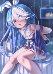 Rule 34 | 1girl, azur lane, bedroom, blue eyes, blue hair, blush, bound, flat chest, hair over one eye, highres, indoors, ku koro, long hair, looking at viewer, maille-breze (azur lane), maille-breze (the noble knight&#039;s last stand) (azur lane), manjuu (azur lane), multicolored hair, nightgown, official alternate costume, one eye covered, playstation controller, purple nightgown, sitting, solo, streaked hair, thigh strap, tied up (nonsexual), two-tone hair, very long hair, white hair, zusshii (libertasgenesis)