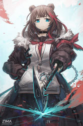 Rule 34 | 1girl, :&lt;, animal ears, arknights, artist name, axe, bear ears, black collar, black gloves, black skirt, blue background, blue eyes, brown coat, brown hair, brown sailor collar, chain, character name, coat, collar, cowboy shot, earbuds, earphones, fingerless gloves, franlol, fur-trimmed coat, fur trim, gloves, highres, holding, holding axe, long hair, looking at viewer, multicolored hair, nail polish, neckerchief, pantyhose, pleated skirt, red hair, red nails, red neckerchief, red pantyhose, sailor collar, simple background, skirt, solo, split mouth, streaked hair, thigh strap, vest, white vest, zima (arknights)