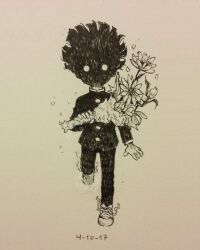Rule 34 | 1boy, bouquet, commentary, dated, english commentary, face in shadow, floating hair, flower, full body, gakuran, glowing, glowing eyes, hand up, holding, holding bouquet, inktober, kageyama shigeo, kageyama shigeo (???), lemoneto, light particles, long sleeves, looking at viewer, male focus, mob psycho 100, monochrome, pants, psychic, school uniform, shoes, short hair, simple background, sneakers, solo, traditional media, walking