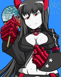 Rule 34 | 10s, 1girl, black gold saw, black hair, black rock shooter, breasts, claws, cleavage, coat, hand fan, frown, horns, kani club, midriff, navel, pale skin, red eyes, undressing