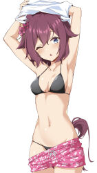 Rule 34 | 1girl, absurdres, animal ears, armpits, arms up, bikini, blue eyes, breasts, cleavage, commentary request, commission, gaze on me! outfit (umamusume), hair between eyes, hair flaps, hair ornament, highres, horse ears, horse girl, horse tail, looking at viewer, medium breasts, navel, one eye closed, pink hair, ryochapu, sakura chiyono o (umamusume), simple background, skeb commission, solo, swimsuit, tail, umamusume, undressing, white background