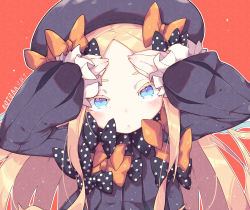 Rule 34 | 1girl, abigail williams (fate), arms up, artist name, black bow, black dress, black hat, blonde hair, blue eyes, blush, bow, commentary request, dated, dress, fate/grand order, fate (series), hair bow, hands on own face, hat, head tilt, kotoba (1074421015), long hair, long sleeves, looking at viewer, orange bow, parted bangs, polka dot, polka dot bow, red background, simple background, sleeves past wrists, solo, very long hair