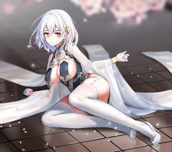 Rule 34 | alternate costume, arm support, azur lane, black dress, blurry, blurry background, braid, breasts, cherry blossoms, closed mouth, dress, eyelashes, foreshortening, garter straps, gloves, hair between eyes, hair ornament, high heels, highres, kiyosato 0928, large breasts, light frown, long legs, looking at viewer, lying, no bra, on side, outstretched arm, petals, red eyes, revealing clothes, see-through, see-through sleeves, short hair, sirius (azur lane), sirius (azure horizons) (azur lane), solo, thick thighs, thighs, tile floor, tiles, white footwear, white gloves, white hair, wide sleeves