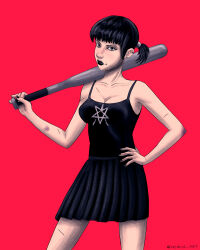 Rule 34 | 1girl, absurdres, black hair, cheek piercing, copyright request, ear piercing, goth fashion, highres, looking at viewer, piercing, punk, red background, simple background, sukeban, delinquent