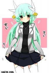 Rule 34 | 1girl, alternate costume, alternate hairstyle, bad id, bad twitter id, blush, casual, fate/grand order, fate (series), green hair, hair ornament, hiiragi (jhug8877), jewelry, kiyohime (fate), long hair, long sleeves, necklace, skirt, solo, thighhighs, type-moon