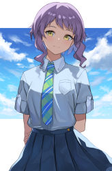 Rule 34 | 1girl, arms behind back, asato (fadeless), blue shirt, blue skirt, breast pocket, closed mouth, cloud, collared shirt, commentary request, cowboy shot, day, diagonal-striped clothes, diagonal-striped necktie, diagonal-striped neckwear, dress shirt, green necktie, hand on own arm, head tilt, highres, idolmaster, idolmaster million live!, light blush, light smile, looking at viewer, makabe mizuki, necktie, pleated skirt, pocket, purple hair, shirt, short hair, short sleeves, sidelocks, skirt, solo, standing, striped clothes, striped necktie, striped neckwear, white background, yellow eyes