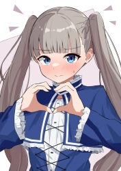 Rule 34 | 1girl, alternate hairstyle, amenocchi, blue dress, blue eyes, blunt bangs, blush, braid, closed mouth, dress, ear blush, embarrassed, frilled sleeves, frills, grey hair, heart, heart hands, highres, lawine (sousou no frieren), long hair, long sleeves, looking at viewer, solo, sousou no frieren, twintails, upper body, very long hair, wide sleeves