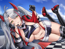 Rule 34 | 1girl, absurdres, antenna hair, arm rest, azur lane, bare shoulders, belt, black footwear, black gloves, black jacket, black shirt, black skirt, blue sky, blush, boots, breasts, buko (bukosuki), clothes lift, cloud, collared shirt, commentary, crop top, cropped jacket, cropped shirt, cross, day, earpiece, gloves, hair between eyes, half gloves, headgear, highleg, highleg panties, highres, iron cross, jacket, jacket lift, large breasts, lifted by self, long hair, looking at viewer, lying, miniskirt, multicolored hair, navel, official alternate costume, on side, open clothes, open jacket, panties, parted lips, prinz eugen (azur lane), prinz eugen (final lap) (azur lane), race queen, red hair, red panties, shadow, shirt, sidelocks, signature, silver hair, skindentation, skirt, sky, sleeveless, sleeveless shirt, solo, stomach, streaked hair, thigh boots, thighhighs, two-tone skirt, two side up, underboob, underwear, very long hair, white belt, white skirt, yellow eyes, zettai ryouiki, zipper, zipper pull tab