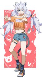 1girl :d absurdres ahoge animal_ears bare_legs bare_shoulders black_socks blue_eyes cat_ears cat_tail character_name claw_pose clothes_writing commentary_request crop_top crop_top_overhang denim denim_shorts flower full_body highres honkai_(series) honkai_impact_3rd kemonomimi_mode kiana_kaslana long_hair looking_at_viewer low_twintails midriff navel off-shoulder_shirt off_shoulder open_mouth orange_flower orange_shirt pointing shirt shoes short_shorts short_sleeves shorts smile sneakers socks solo standing stomach tail thigh_strap twintails v-shaped_eyebrows very_long_hair white_hair yiden_(danbaobao)