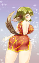 Rule 34 | 1girl, alternate costume, animal ears, ass, bare shoulders, blush, breasts, china dress, chinese clothes, curvy, dress, from behind, gradient background, green eyes, green hair, huge ass, kasodani kyouko, large breasts, looking back, matching hair/eyes, narrow waist, sakimori dan, short hair, smile, solo, sparkle, tail, touhou, wide hips