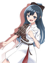 Rule 34 | 1girl, absurdres, belt, black bow, black hair, bow, brown belt, cherry bomb (love live!), clenched hand, commentary request, corocoro567, grey eyes, grey jacket, hair bow, highres, jacket, looking at viewer, love live!, love live! nijigasaki high school idol club, official alternate hairstyle, plaid, plaid jacket, ponytail, puffy short sleeves, puffy sleeves, short sleeves, sidelocks, solo, standing, upper body, v-shaped eyebrows, white background, white jacket, yuki setsuna (love live!)