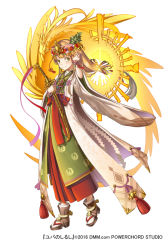 Rule 34 | 1girl, bird, bracelet, brown hair, full body, green eyes, hair ornament, hand up, holding, holding weapon, jewelry, long hair, looking at viewer, necklace, official art, sheath, sheathed, simple background, smile, solo, standing, tassel, weapon, white background, white footwear, wide sleeves, yuba no shirushi, zenmaibook