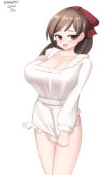 Rule 34 | 1girl, absurdres, apron, breasts, brown eyes, brown hair, cleavage, clothes tug, collarbone, cowboy shot, dated, hair ornament, hair ribbon, hairclip, highres, kantai collection, kappougi, large breasts, long hair, mamiya (kancolle), maru (marg0613), naked kappougi, ribbon, simple background, solo, standing, twitter username, white background