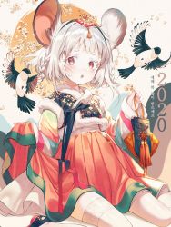 Rule 34 | 1girl, 2020, animal, animal ear fluff, animal ears, bird, black footwear, commentary request, floral background, flower, fur-trimmed sleeves, fur trim, hanbok, highres, holding, kinty, korean clothes, korean text, long sleeves, looking at viewer, mouse ears, original, parted lips, pleated skirt, red eyes, red skirt, shoes, short eyebrows, silver hair, sitting, skirt, solo, teeth, thick eyebrows, thighhighs, translation request, upper teeth only, wariza, white flower, white thighhighs, wide sleeves