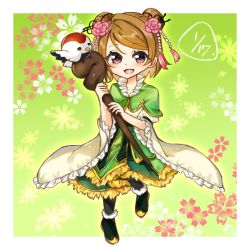 Rule 34 | 1girl, alternate hairstyle, artist name, artist request, bird, black legwear, blush, boots, breasts, brown hair, chibi, collarbone, corset, dress, female focus, flower, full body, green dress, green skirt, hair between eyes, hair bun, hair flower, hair ornament, highres, holding, holding scepter, koizumi hanayo, long sleeves, looking at viewer, love live!, love live! school idol festival, love live! school idol project, pepper lemon, pink flower, puffy short sleeves, puffy sleeves, purple eyes, scepter, short hair, short sleeves, single hair bun, skirt, small breasts, solo, standing, standing on one leg